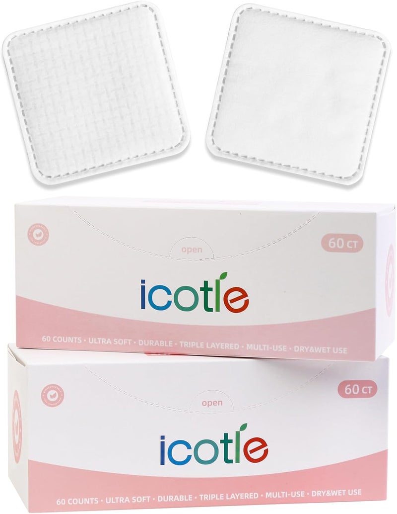 ICOTLE Clean Pads, 120 Count Not to Shed & Tear Face Pads, Unique Triple Layers, Textured & Ultra Soft Side, Square Cotton Pads for Makeup Removal, Cleansing, Skin Care etc. - Image 1